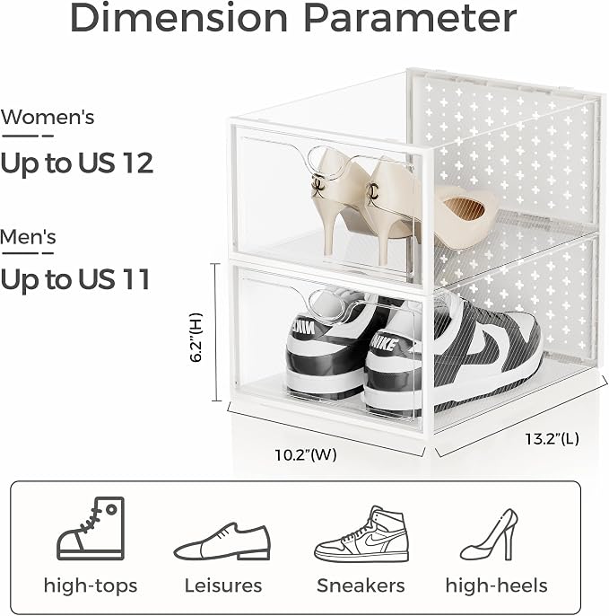 18 Pack X-Large Shoe Storage Boxes, Shoe Organizer Clear Stackable | Fit US Size 11, 6.2” Height, Shoe Dispaly Case Holder Bins Sneaker Storage for Sneakerheads, For Home and Family, White