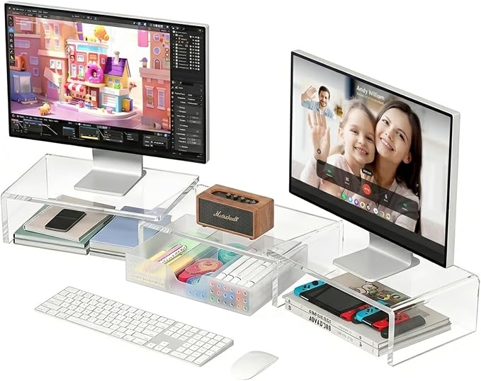 OPNICE Clear Acrylic Desk Organizers and Accessories, Dual Monitor Stand Riser with Drawer, Desk Shelf Computer Racks for Office Workspace Organizers, Desktop Organization (Transparent)