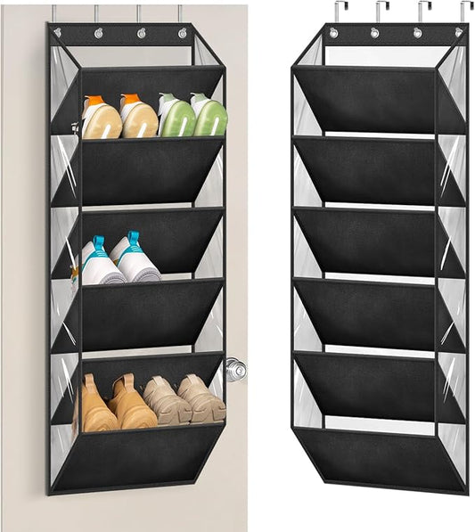 AOODA Clear Over The Door Shoe Organizer Storage Holds 12 Pairs, Narrow Door Hanging Shoe Rack for Closet, Deep Pockets Shoe Holder Hanger for Sneakers, Boots (Black)