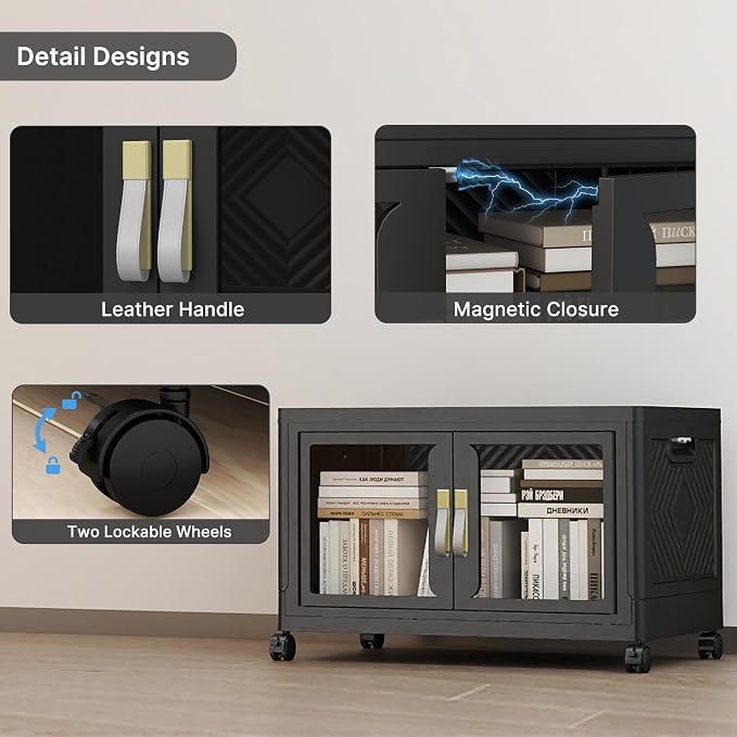 Stackable Storage Bins with Lids, 120QT Extra Large Storage Cabinet | Clear Doors, Foldable Storage Drawers, Heavy Duty, Collapsible Closet Organizers for Bedroom Office (1, Black, 120, Quarts)