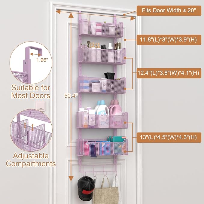 VyGrow Over The Door Organizer, Metal Door Organizer Hanging with 5 Adjustable Baskets and Coat Hook, Behind The Door Storage for Bedroom Closet Bathroom Pantry Cabinet Kitchen, Purple