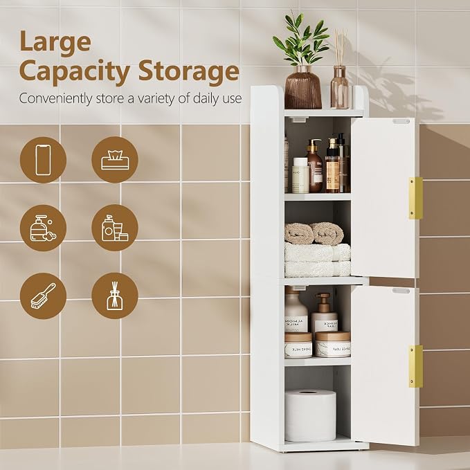 Yoobure Small Bathroom Storage Cabinet - Corner Floor Cabinet with 2 Doors & Adjustable Shelves, Narrow Slim Toilet Paper Cabinets, Skinny Bathroom Organizer for Small Space, 7.9" D x 7.9" W, White