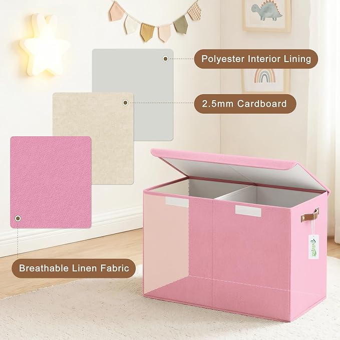 Bagnizer Large Toy Storage Box with Lids, Collapsible Sturdy Baby Storage Organizer Chest Bin Basket for Kids, Boys, Girls, Playroom, Nursery, Bedroom, Closet 25"x13"x16" (Pink)