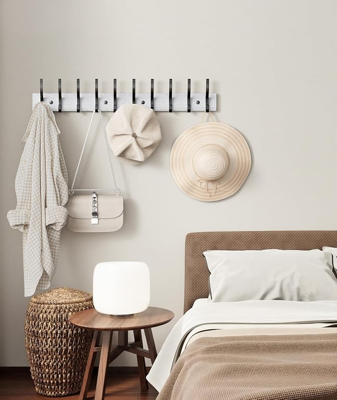Optish 1 Pack Wooden Coat Rack Wall Mount, 16.1" Rustic Coat Hanger Hooks with 5 Double Hooks, Wall Coat Rack for Hat, Clothes, Bags, Jacket, White