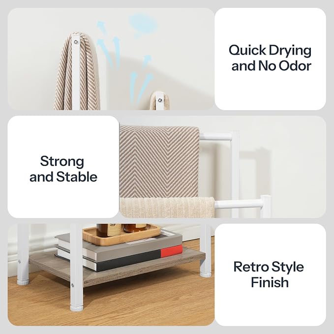 HOOBRO Free Standing Towel Rack for Bathroom, 2 Tier Blanket Rack, 16.5" L x 9.4" W x 31.5" H, Blanket Holder, Drying and Display Rack with Shelf, White and Grey WG02LB01