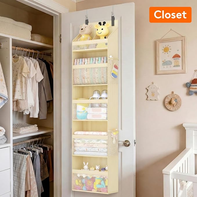 Lifewit 5 Tier Over the Door Diaper Organizer for Nursery, Large Heavy Duty Hanging Storage with 4 Mesh Side Pockets, Sturdy Back of Door Shelf for Baby Stuff Toy in Pantry, Laundry, Bathroom, Beige