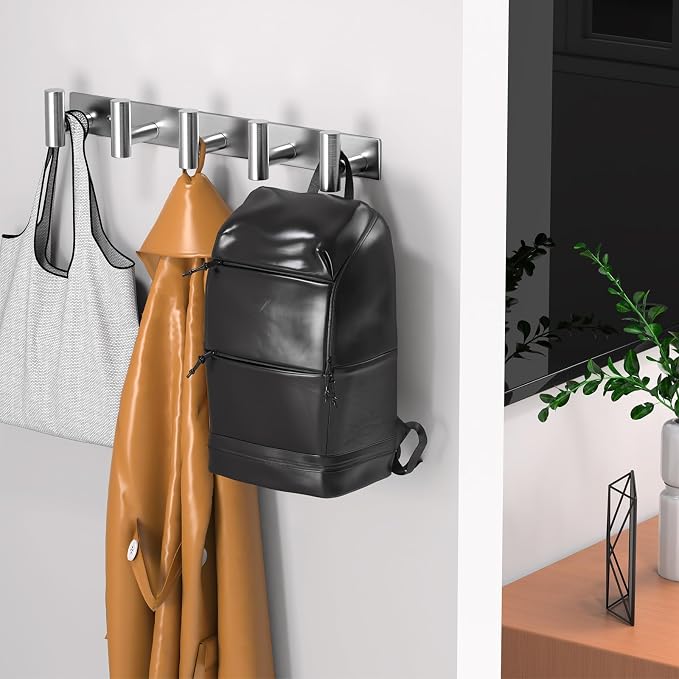 Wall Mounted Coat Rack-5 Hooks, Heavy Duty Stainless Steel Wall Hooks for Towel Coat Bag, Hat Rack Coat Hanger Coat Hooks Towel Racks for Bathroom Entryway Kitchen Hotel (Silvery, 1 Pack)