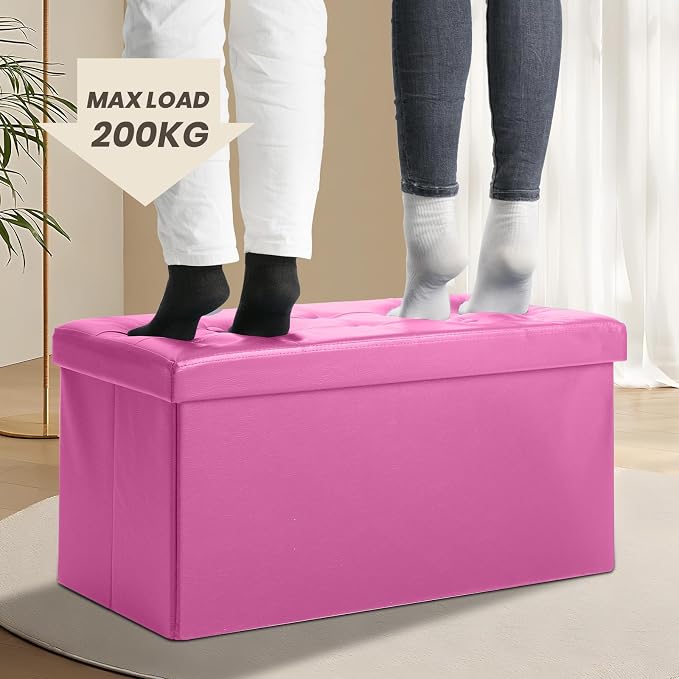 COSYLAND Ottoman Bench with Storage 30x15x15 inches White Ottoman for Room Folding Leather Footrest Footstool Rectangle Collapsible Furniture with Lid for Bedroom Living Room Pink