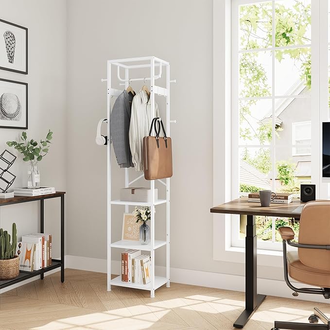 ELYKEN Coat Rack Freestanding, Hall Tree with 3 Shelves and 12 Hooks, White | Industrial Metal Frame, Space-Saving Design, Clothes Rack Stand Organizer for Bedroom, Hallway, Entryway, Office, Living Room