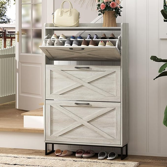 Maupvit Shoe Storage Cabinet with 3 Flip Drawers, Freestanding Organizer with Metal Legs for Entryway, Narrow Shoe Rack Cabinet, Beige