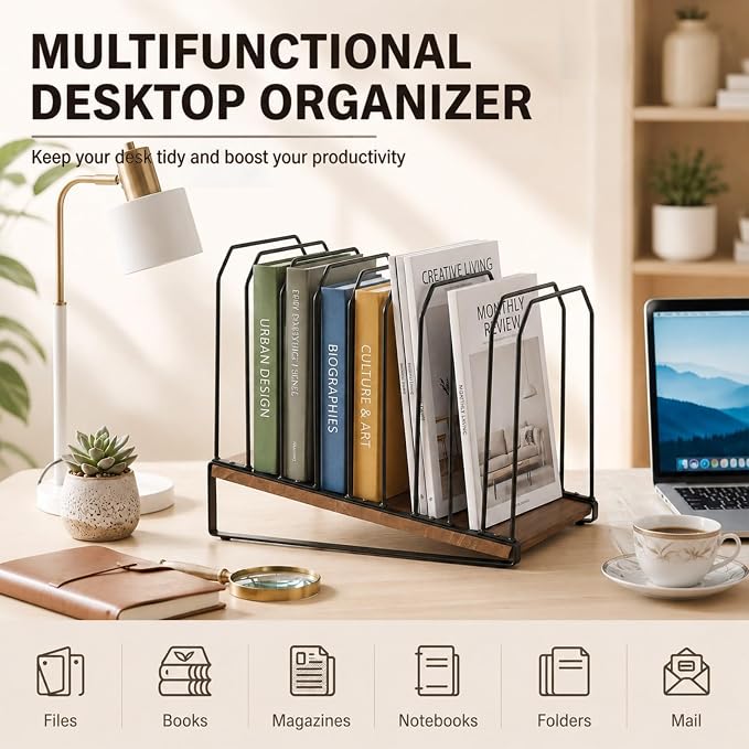 Novabright 1 Pack Inclined Desk File Organizer 9 Section Metal Vertical Folder Holder with Wooden Base Desktop Mail Sorter Step Magazine Document Paper Binder Holder for School Classroom Home Office