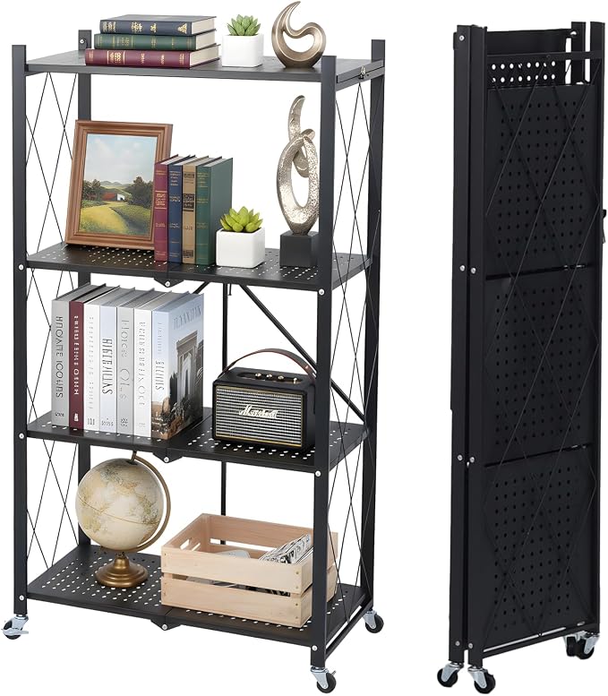 4 Tier Foldable Storage Shelf with Wheels, Collapsible Metal Rack Shelving Unit, No Assembly Required, Rolling Cart Shelf Rack Organizer for Books, Garage, Kitchen, Closet, Pantry, Exhibition, Black