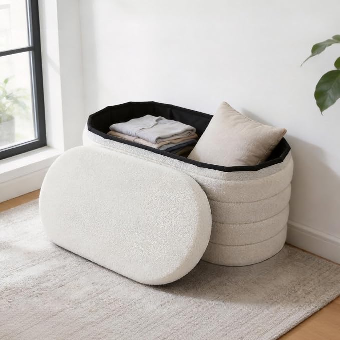GLAXYFUR Oval Storage Ottoman Bench, 30 Inches Entryway Shoe Seat | Upholstered Ottoman with Storage, End of Bed Stool Blanket Chest, For Living Room, Hallway, Sherpa White