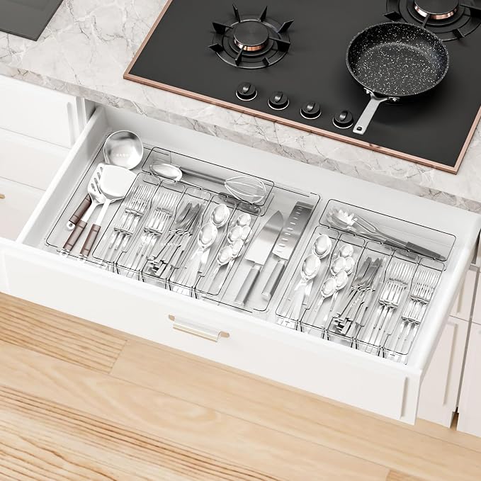 Clear Expandable Silverware Drawer Organizer - Adjust From 11'' to 22'' - Knife,Cutlery,Spoons and Forks Organizer,Large 8 Grid Flatware,Silverware Tray,Utensil Organizer for Kitchen Drawers