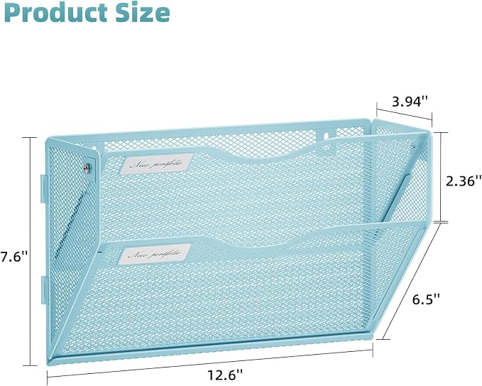Marbrasse Wall File Holder 2-Tier Hanging Wall File Organizer, Mesh Mail Holder for Papers, Wall Mount File Clipboard & Magazine Organizer Great for Office Home - 2P(Blue)