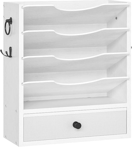 HOOBRO Wall File Organizer, Mail Organizer Wall Mounted, Wooden Literature Organizer, Construction Paper Organizer with Drawer Storage and 2 Hooks, for Office, Classroom, Home, White WT14WF01