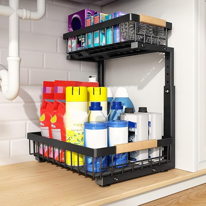 PXRACK Under Sink Organizer, Adjustable Height, 2 Tier Pull Out Under Cabinet Organizer, Slide Out Thickened Metal Under Sink Storage for Kitchen Bathroom Laundry Pantry Cabinet, Black, Large-1-Pack