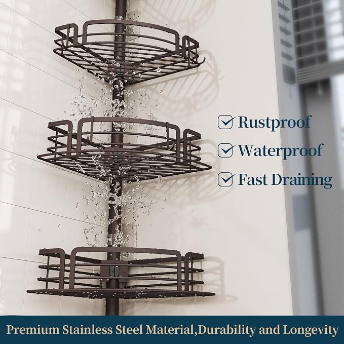 Consumest Corner Shower Caddy Tension Pole - Rustproof Shower Shelves with Towel Bar & Soap Holder, Adjustable Bath Organizer for Bathroom Storage, 27.6-108.3 inch, Bronze