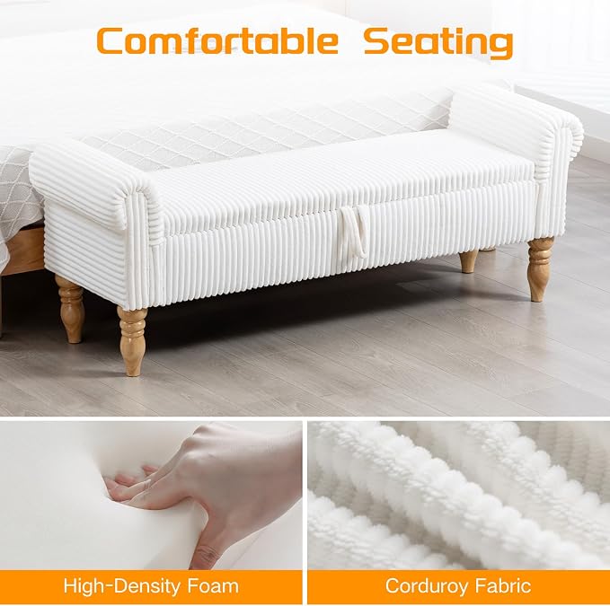 60" Storage Bench for Bedroom,End of Bed Bench with Storage | Corduroy King Size Bench with Rolled Arms,Storage Ottoman Benches for Living Room,Entryway,Benches for Foot of Bed,White