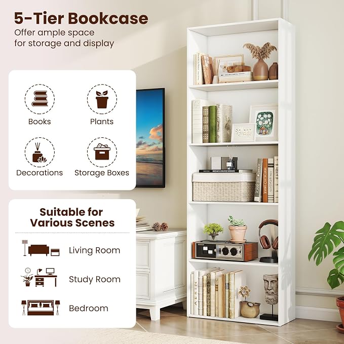 Giantex 5-Tier Bookshelves Set of 2, Freestanding Tall Bookcase with 5 Open Compartments, Modern Storage Organizer, Display Shelving Unit for Living Room, Bedroom, White