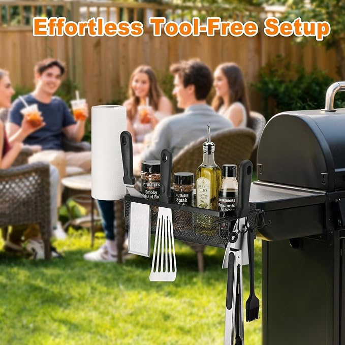 Griddle Caddy Side Shelf Organizer Grill Tool Holder (Black) | Steel Grill Tool Holder with Paper Towel Rack No-Drill Outdoor Cooking Accessories Storage for Flat Top Grills & BBQ Stations