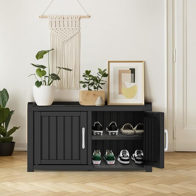 ROJIK Shoe Cabinet Storage Bench Indoor Outdoor, Waterproof UV-Resistant Resin Entryway Furniture with Adjustable Shelves for Hallway, Living Room and Bedroom (Double Door,Black)