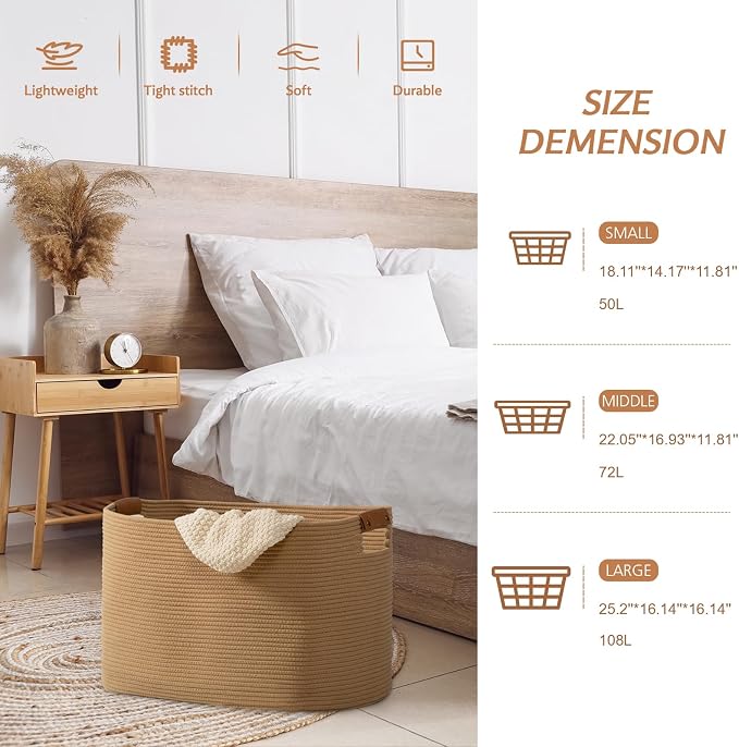 danpinera 108 L Blanket Basket for Living Room, Toy Basket With Leather Handle, Large Storage Bins for Toys, Pillows, Clothes, Rectangle Large Cotton Rope Basket, 25’’*16’’*16’’ Jute