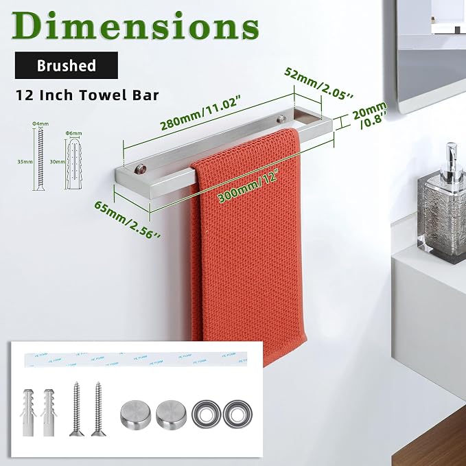 Alise Hand Towel Holder Towel Bar for Bathroom Wall Mounted 12 Inch,Brushed | Towel Rack for Bathroom Lavatory,SUS304 Stainless Steel Towel Rail for Bath Kitchen,Self-adhesive or Drilling Mount
