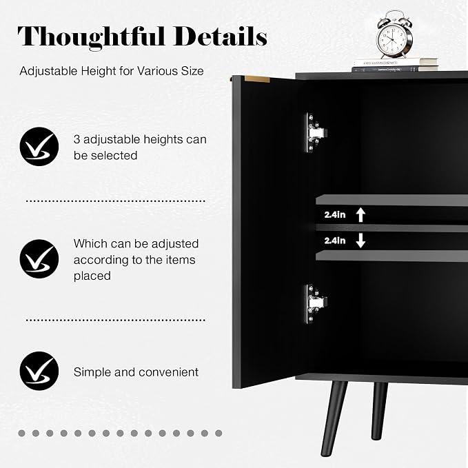 Fluted Storage Cabinet, Buffet Cabinet with Storage, Wood Sideboard with Adjustable Shelf, Modern Accent Cabinet & Console Table for Entryway, Living Room, Dining Room, Black