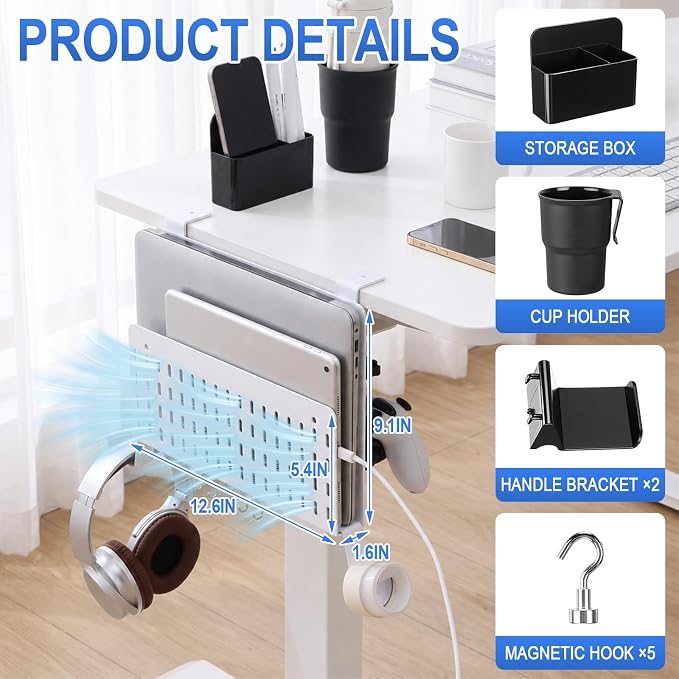 Desk Side Storage Organizer Set No Drill Under Desk Laptop Stand Organizer with Cup Pen Holder Headphone Hanger and Magnet Hook for Office Home Table Fits Edge 0.2" to 2.2"(Classic,White)