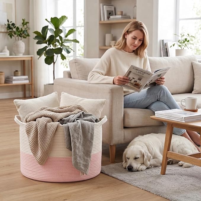 90L Extra Large Pink Woven Cotton Rope Basket with Handles | Kids Nursery Laundry Basket Hamper for Toys, Blankets, Pillows & Comforters, Cute Storage Bin for Bedroom & Playroom