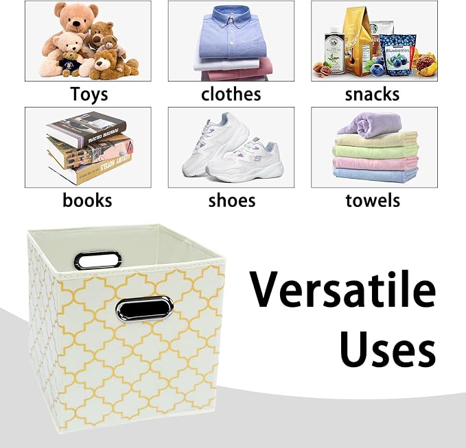 Black Foldable Storage Cubes Bins , Fabric Storage Box Cubes Organizer Baskets with Dual Handles for Home Organizer Creamy-White Gold