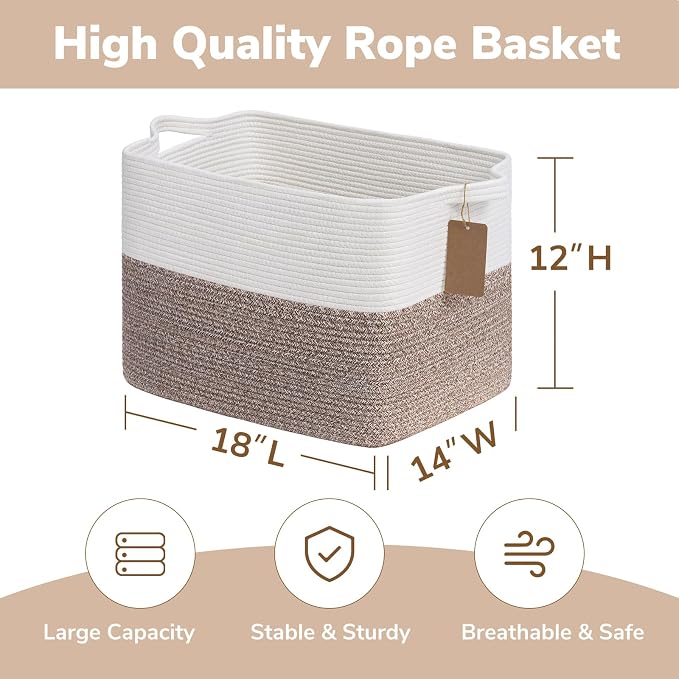 Goodpick Large Rectangle Cotton Rope Storage Basket, Brown | 50L, 18 × 14 × 12 in, Reinforced Handles, Blankets, Toys & Clothes Storage, Living Room, Bedroom & Nursery Organization