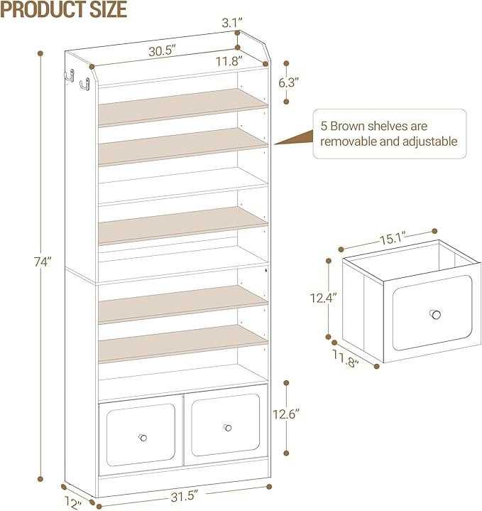Hzuaneri Shoe Storage Cabinet, 10 Tiers Shoe Organizer with 2 Cloth Drawers | Wooden Freestanding Shoes Cabinet with 2 Hooks, 40-45 Pairs, Shoes Cubby Organizer for Entryway, White SR52903MI