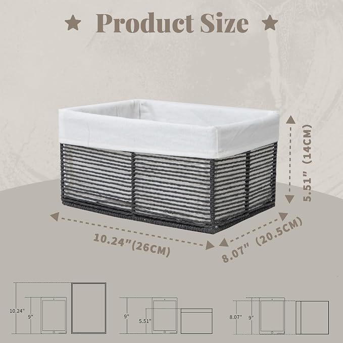 GYASVWU Hand-Woven Paper Rope Storage Baskets,Rectangular Wicker Baskets for Organizing,Decorative Woven Basket for Storage,Shelf Basket for Living Room,Storage Baskets for Pantry (Black - Small)