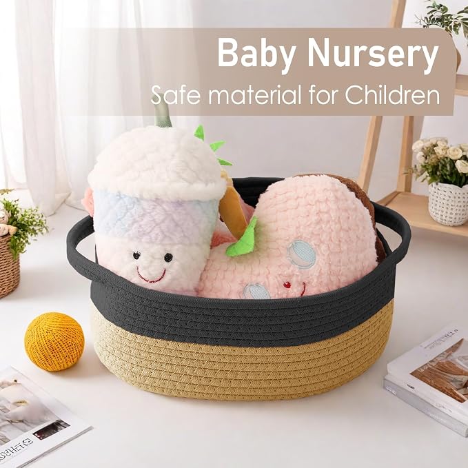 JMvicyroam Small Woven Basket, Empty Gift Basket, Black&Jute/1 Pack | Small Gift Basket, Cotton Rope, 12 x 8 x 81 in, Handles, Includes Ribbon and Bag, Birthday Gift Basket