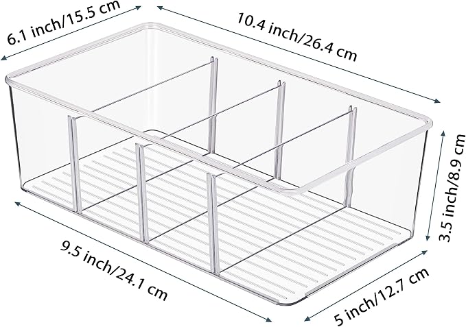 Vtopmart 4 Pack Food Storage Organizer Bins, Clear Plastic Bins for Pantry, Kitchen, Fridge, Cabinet Organization and Storage, 4 Compartment Holder Packets, Snacks, Pouches, Spice Packets