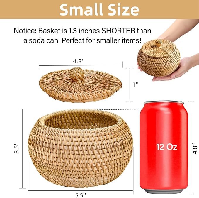 WRINGKIT Small Rattan Basket Box with Lid, Handmade Woven | Round Storage Basket, Multi-purpose Wicker Bowl, Decorative Farmhouse Basket Bin for Shelf, Home, Bathroom, Picnic