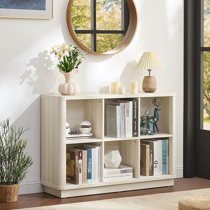 Joaxswe 6 Cube Bookcase, 40" Wide Horizontal 2-Tier Book Shelf w/Curved Edge, Wood Low Floor Standing Bookshelf with Base, Modern Short Storage Organizer for Living Room,Office, Gray-White Cream Oak