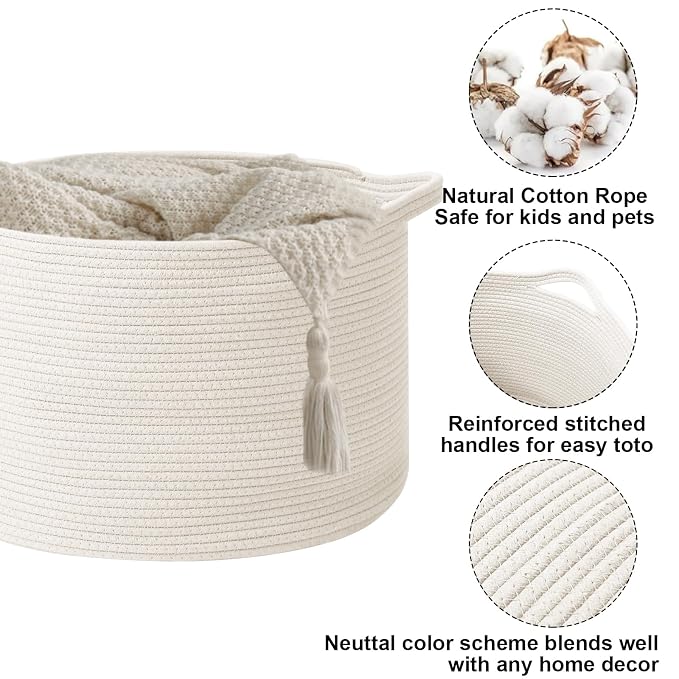 115L Extra Large Woven Cotton Rope Blanket Basket-White | Collapsible, reinforced handles, nursery storage bin organizes clothes, toys and pillows for living room, bedroom bathroom