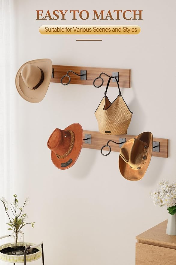 Cinati Cowboy Hat Rack for Wall 6 Pack, Cowboy Hat Holder Wall Mount, Western Rustic Metal Hats Hanger Hooks Organizer for Fedora,Sun Hats,Wide Brim,Western Room Decor