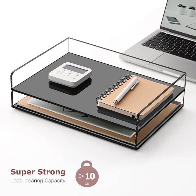2 Pack Black Stackable Paper Letter Tray, A4 File Tray Desk Organizer, Acrylic Desk Organizers and Accessories Sorter, Clear Workspace Office Supplies Organizers, 12.4inx8.86inx3.46in