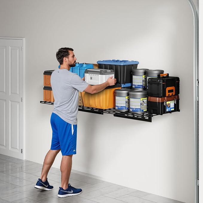 FLEXIMOUNTS 1-Pack 2x4ft Garage Shelving Wall-Mounted Storage Rack, Black | Heavy-Duty Wall Shelving, Holds Up to 200 lbs, Garage Storage Shelving for Organization & Storage Bins, Classic Series