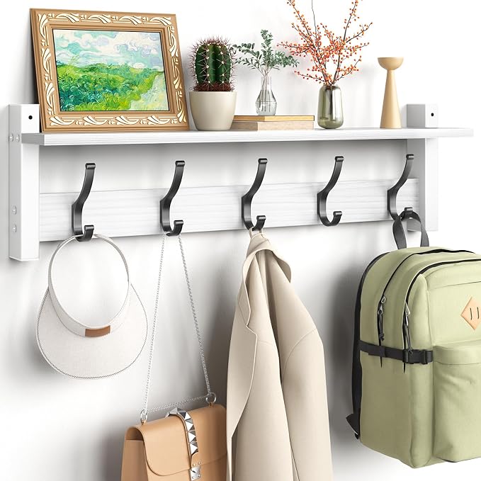 Optish Coat Rack Wall Mount with Shelf, 24 Inch Coat Hanger Walls Mounted, Hat Rack for Walls, Shelf with 5 Coat Hooks, Wall Hanger for Entryway (White)