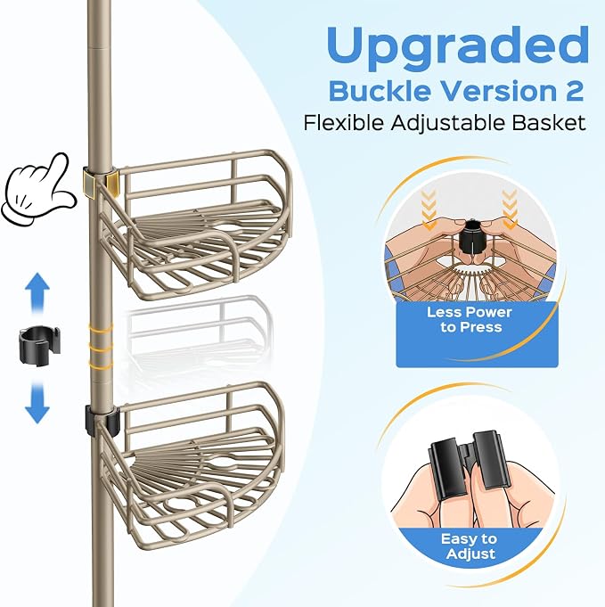HAMITOR Shower Caddy Corner Tension Pole: 4-Tier Large Capacity Bathroom Organizer Shelves - Rustproof No-Drill Adjustable 47-123 inch Shower Storage for Renters, Home Bathtub Stand Rack, Tan Khaki