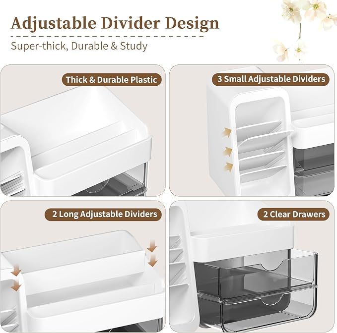 Makeup Organizer Countertop with DIY Adjustable Brush Holder for Vanity | Thickened Material, Large Bathroom Organizer Skincare Storage for Perfume, Lipstick, Nail Polish, Eyeshadow Palettes, White