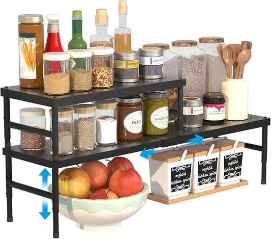 2 Pack Expandable adjustable stackable kitchen cabinet organizer,spice rack | Counter Shelf for Cabinets,Small Cupboard Organizers,Heavy Duty Metal Pantry Storage Shelves Racks for kitchen,bathroom