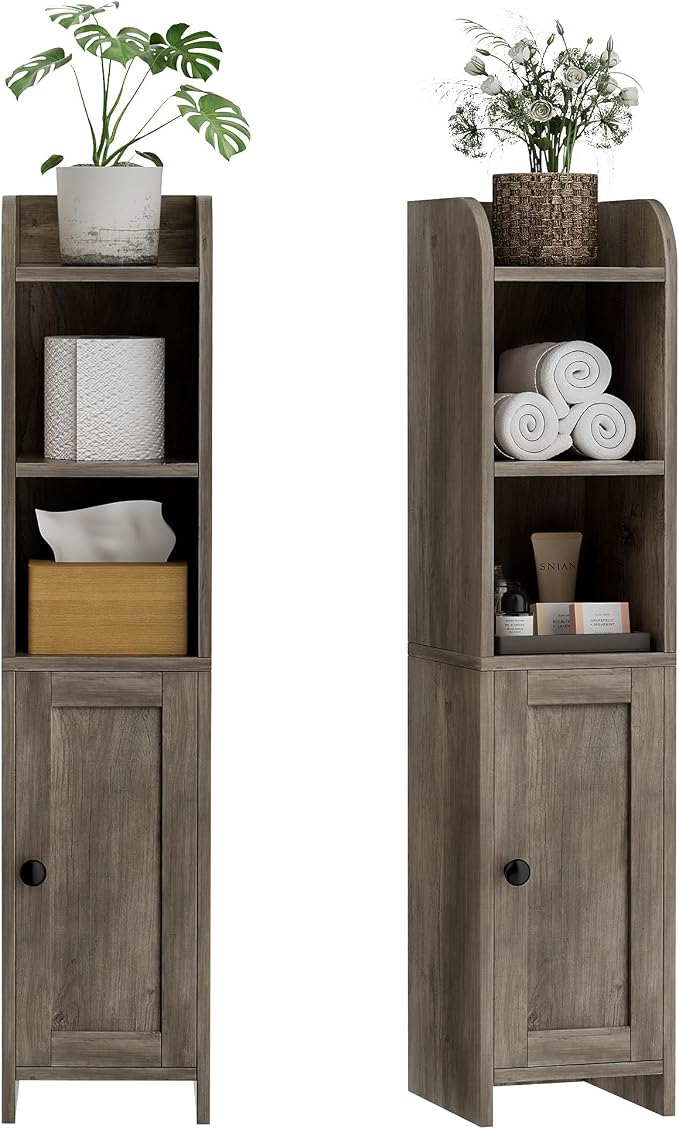 Homhedy Small Bathroom Storage Cabinet, Narrow Toilet Paper Cabinet | Corner Floor Cabinet with Door and Shelves, Slim Bathroom Cabinet for Small Spaces, 7.9" D x 7.1" W x 31" H, Greige