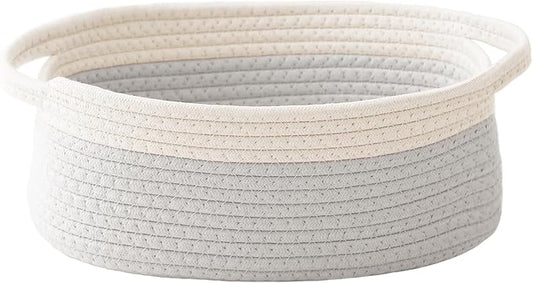 JMvicyroam Small Woven Basket, Empty Gift Basket, White&Grey/1 Pack | Small Gift Basket, Cotton Rope, 12 x 8 x 66 in, Handles, Includes Ribbon and Bag, Birthday Gift Basket