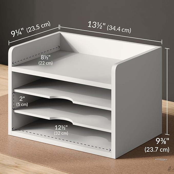 Ballucci File Organizer, 4-Tier Office Desk Organizer, Open Top Wood Paper Organizer for Classroom, Desktop Mail Sorter Paper Tray, White